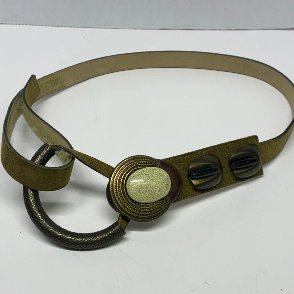Vintage 90s Moss Green Leather Waist Belt Sculptural Faux Stone Ring Closure